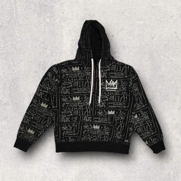 ★ Jean-Michel Basquiat All Over Print Black & White Graphic Hoodie ★ - Picture 3 of 7